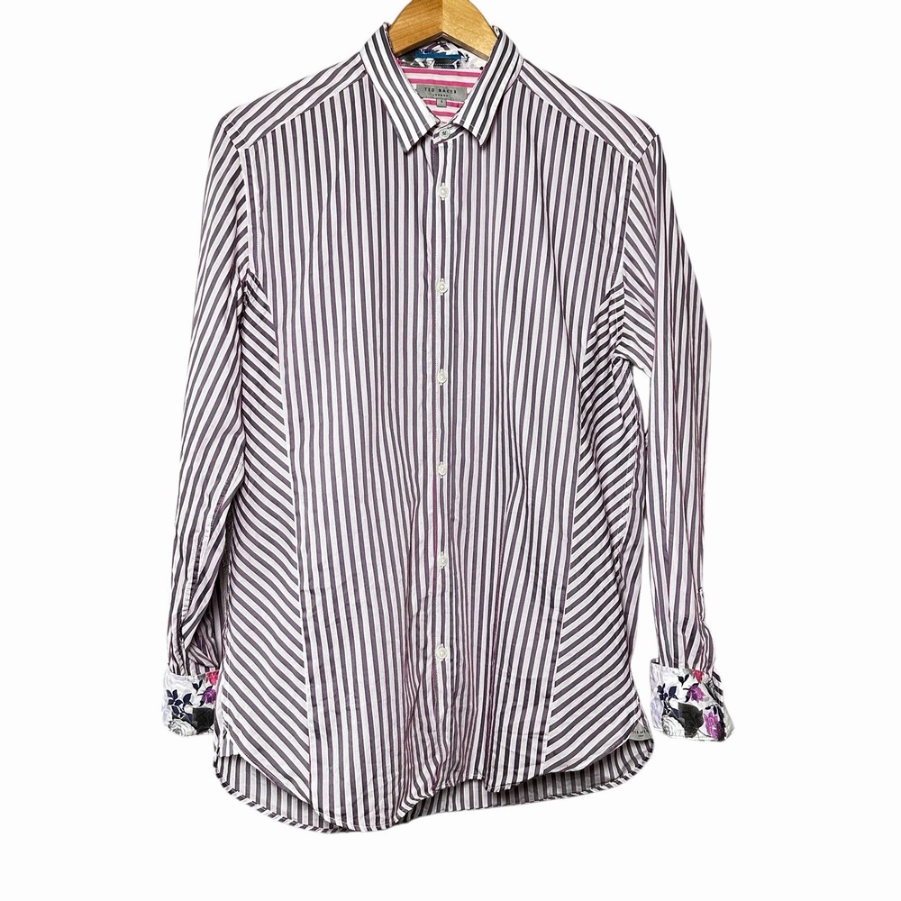 Ted Baker London Men's Shirt‎ Size 4 Large Stripe Floral Cuff Cotton Button Up
